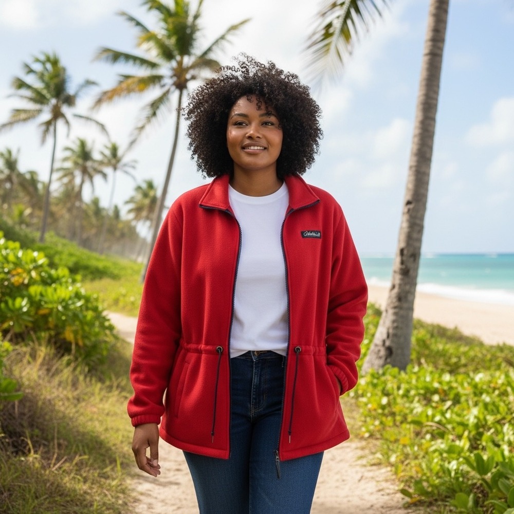 Cabelas Red 1990's Vintage Fleece Jacket Womens XL Full Zip Drawstring Waist